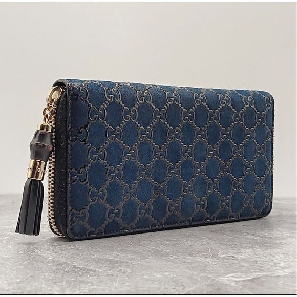 Gucci Vintage Rare Limited Edition Bamboo Blue Suede Leather Continental Large Z - Picture 5 of 13